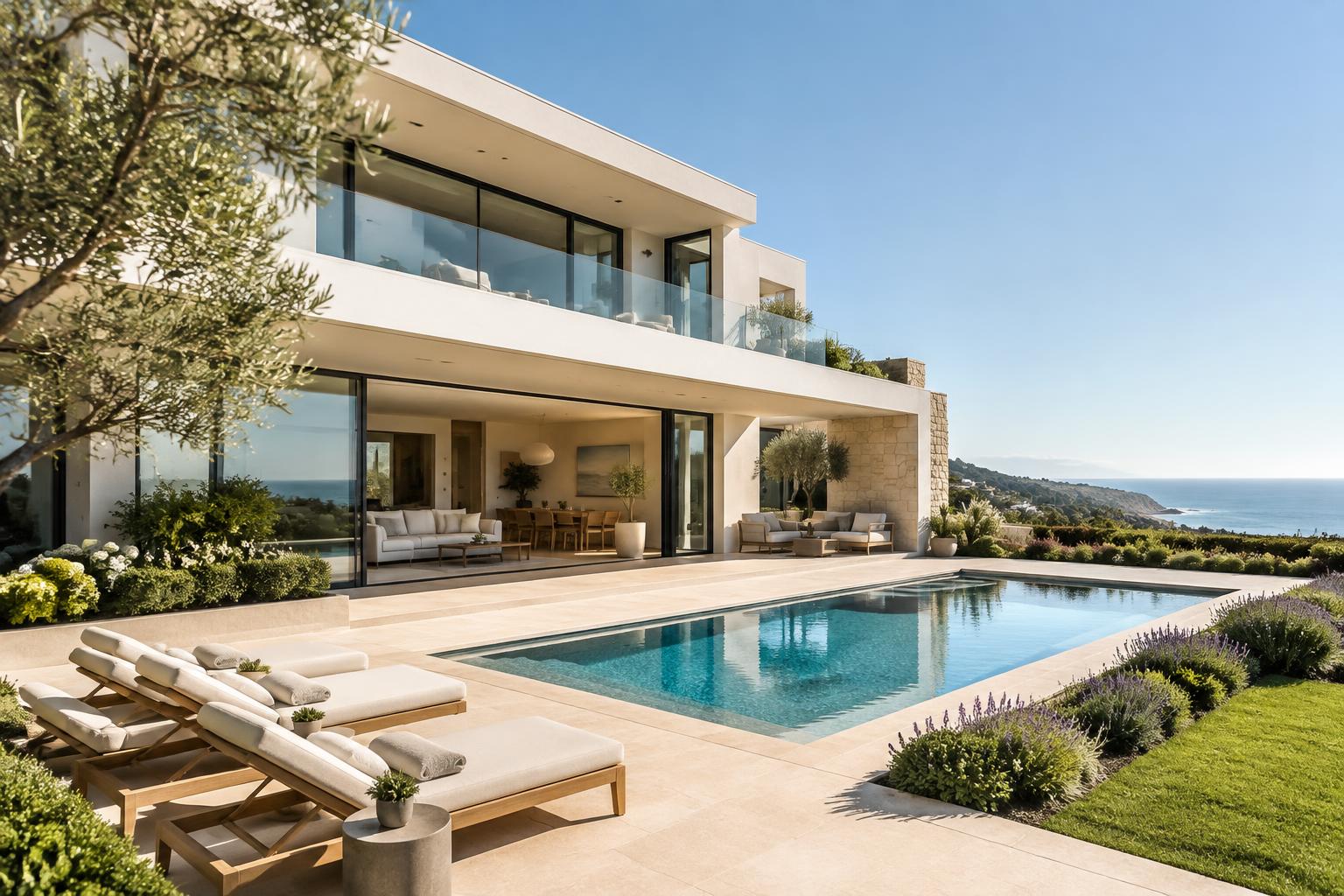 Contemporary coastal home with an open terrace and pool
