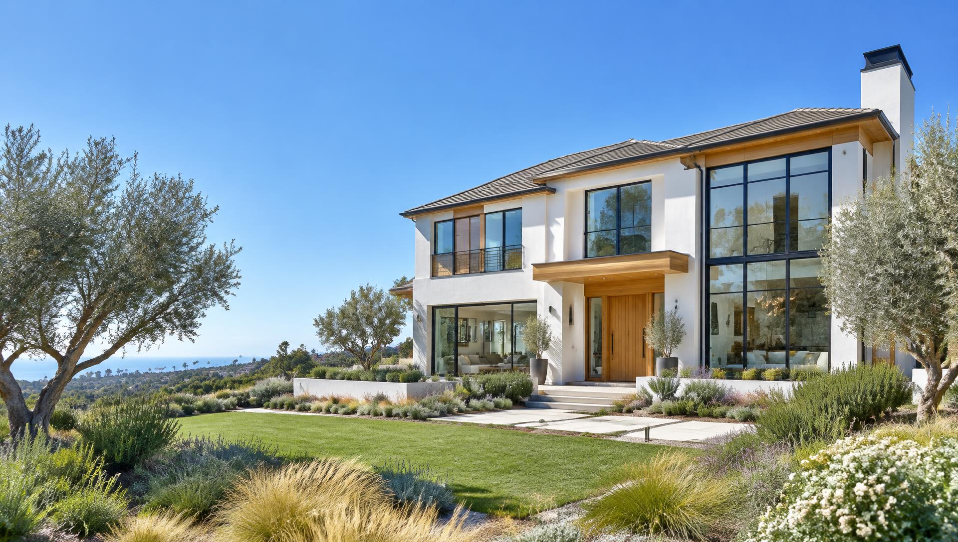 Modern California home with tall windows and landscaped gardens