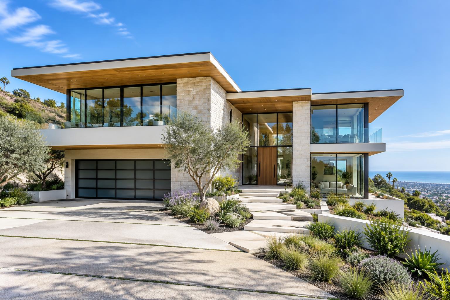 Modern stone and glass residence with clean architectural lines